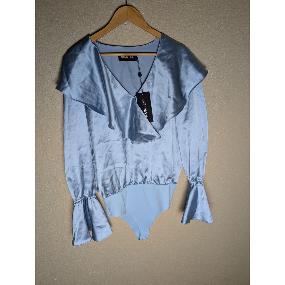 NEW Keep It Cool Satin Bodysuit Dusty Blue Size Large Ruffle Romantic
